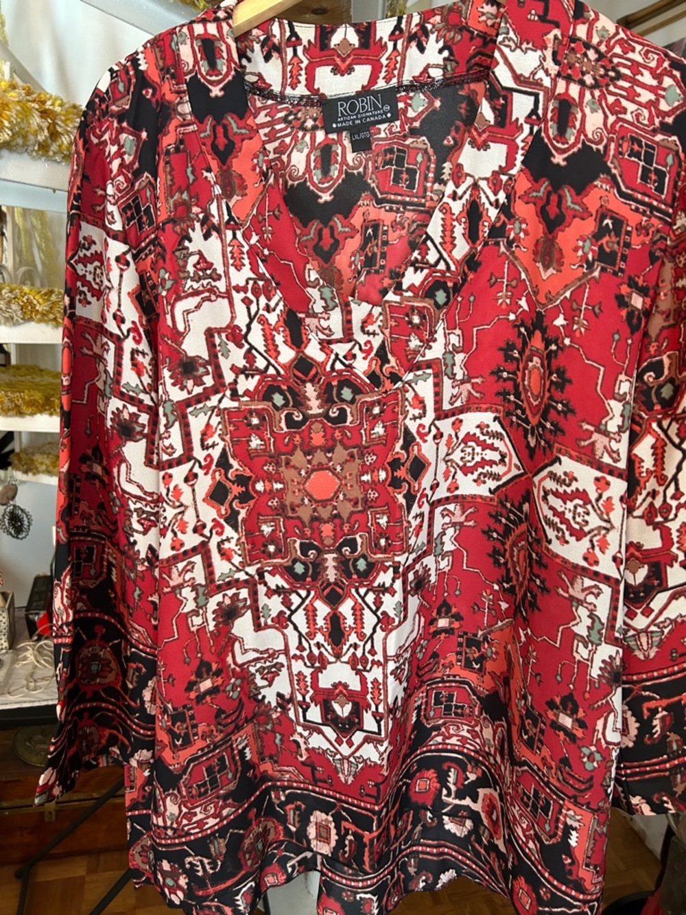 Robin Printed Red & Black V-Neck Blouse